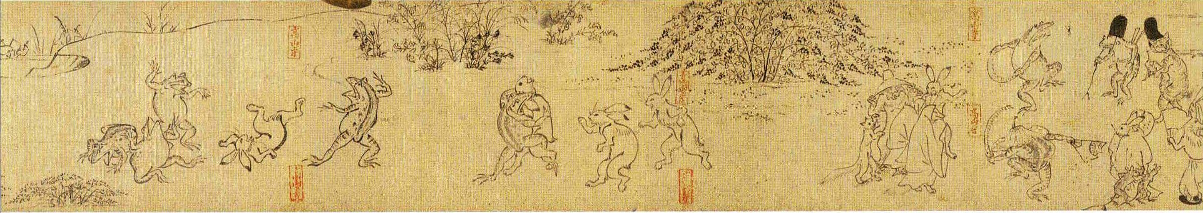 Фрагмент  первого свитка «Тёдзю дзимбуцу гига», ХII век. Собственность храма Кодзандзи 